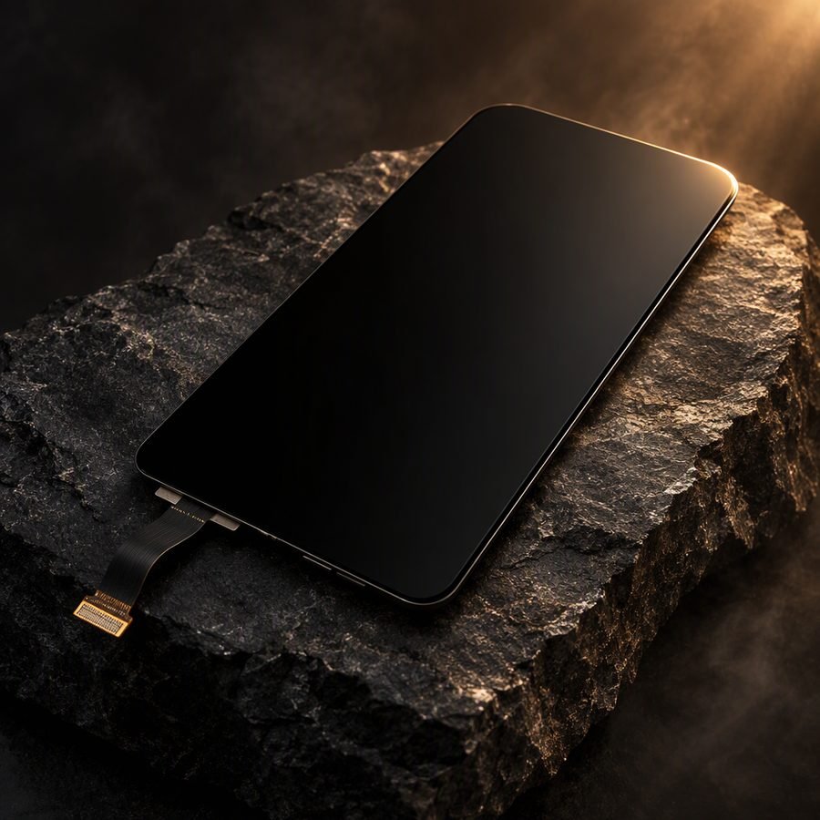 Apex OLED replacement display assembly with ribbon cable on a dark stone slab