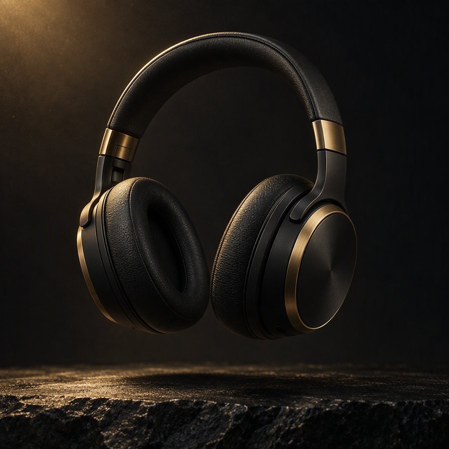 Aura over-ear headphones in matte black with brass accents