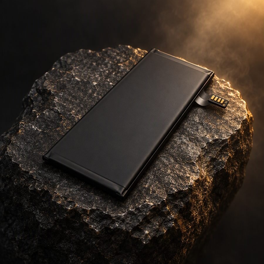 Cell 05 replacement battery with brass contacts on a dark stone slab
