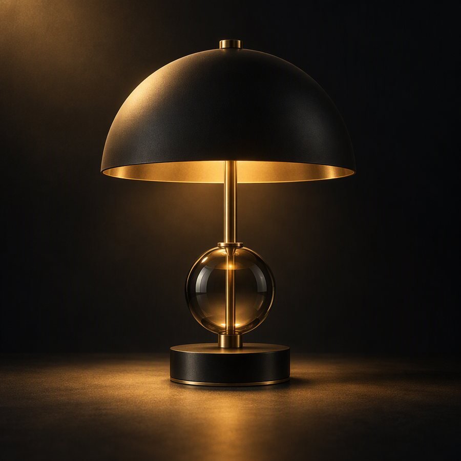 Ember table lamp with a black dome shade and warm amber glow