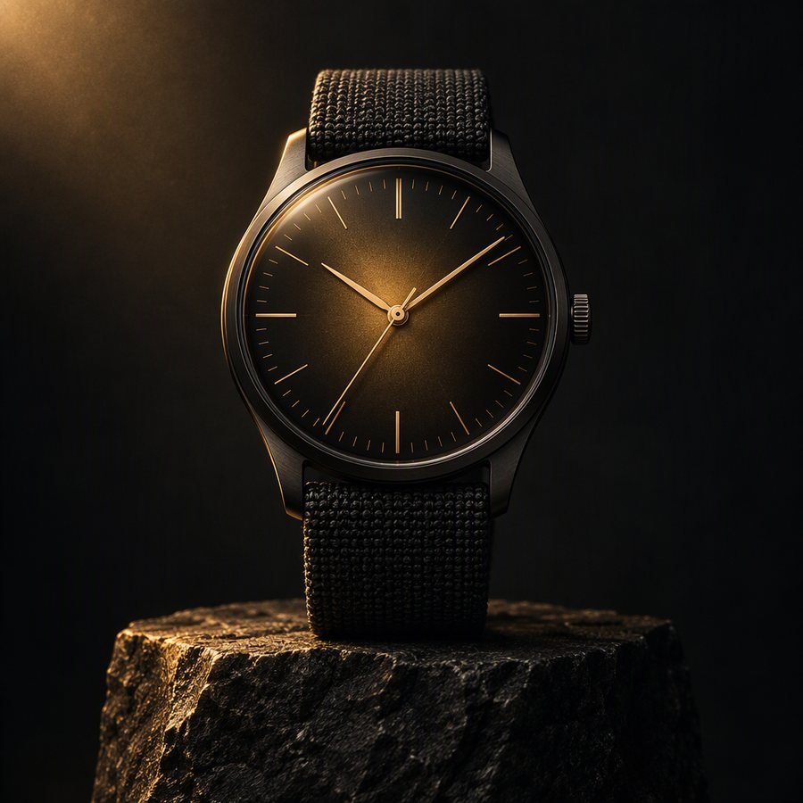 Halo hybrid watch with a black titanium case and woven strap