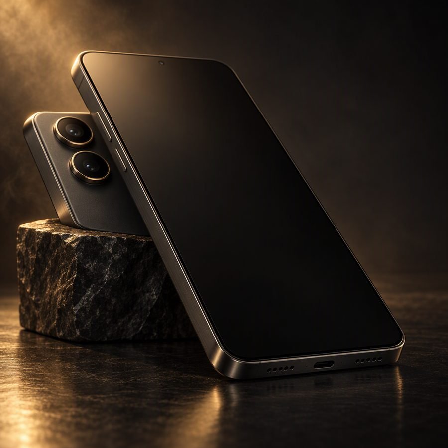 Pulse 6 Max smartphone in graphite leaning against a dark stone block
