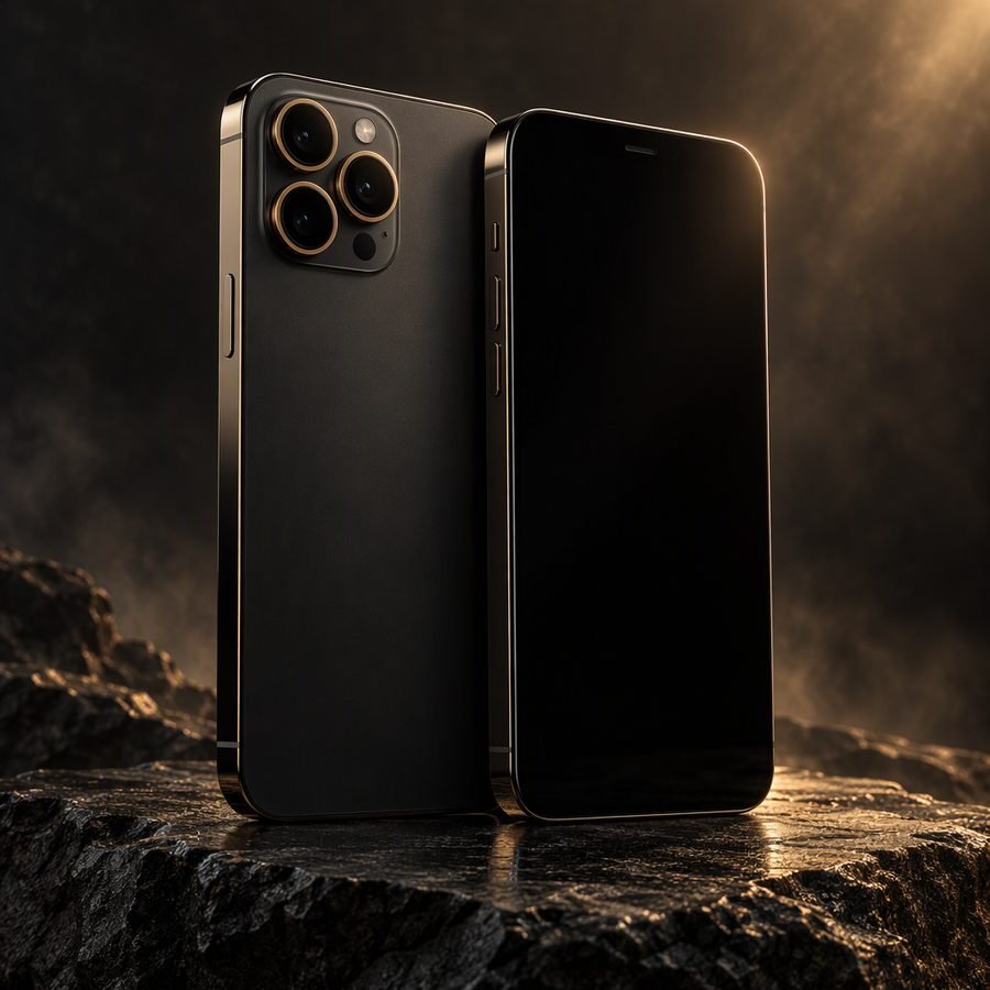 Pulse 6 smartphone in matte black with brass camera rings, front and back